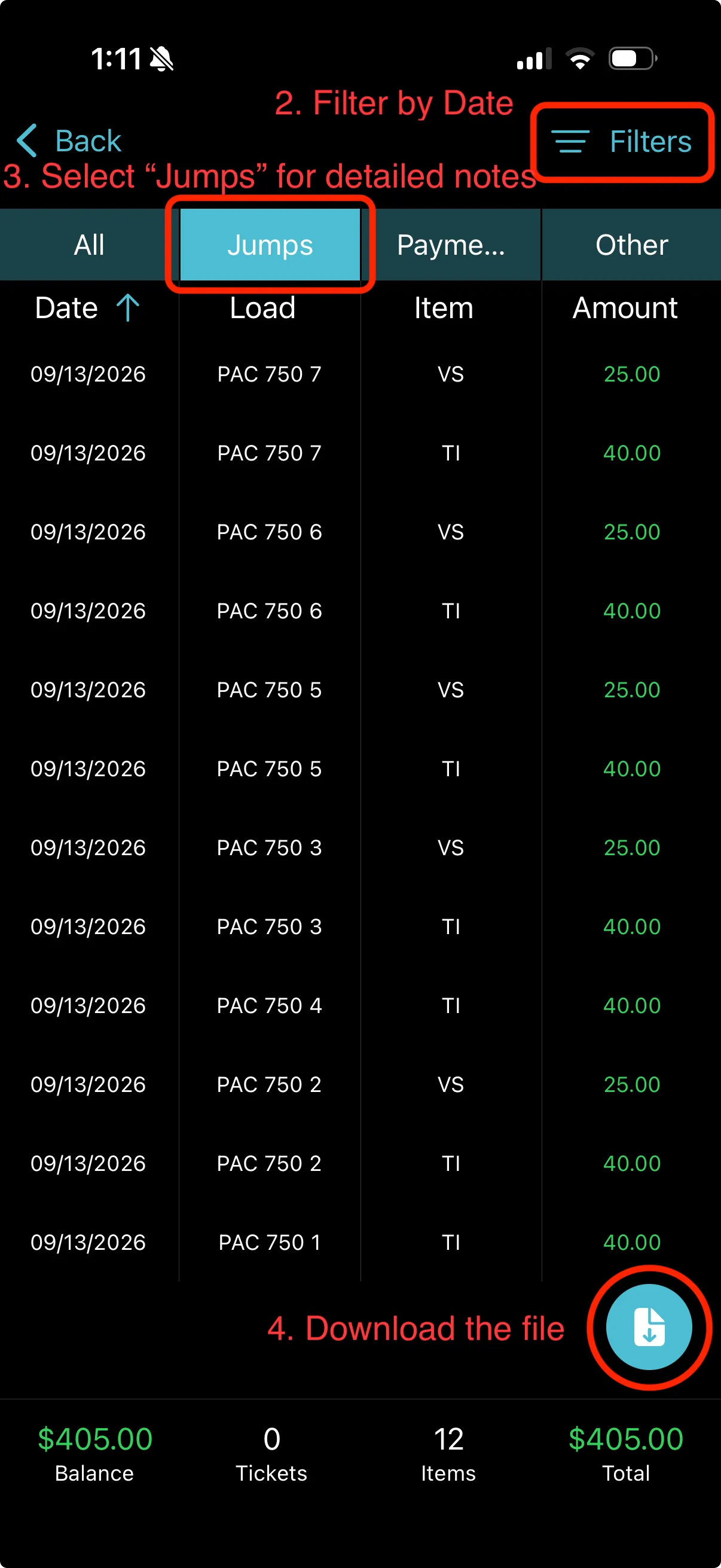 The Burble Transaction History screen showing the Filters button, the Jumps tab and the download button