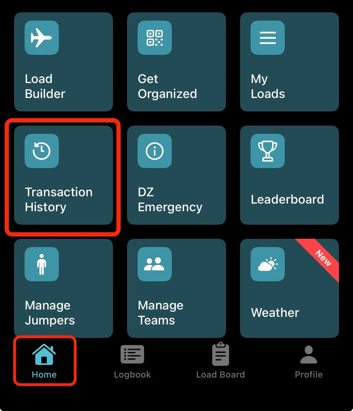 The BurbleMe Home screen with Transaction History highlighted