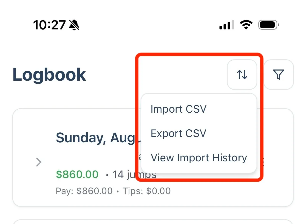 The Logbook page with the import menu open, showing Import CSV, Export CSV and View Import History