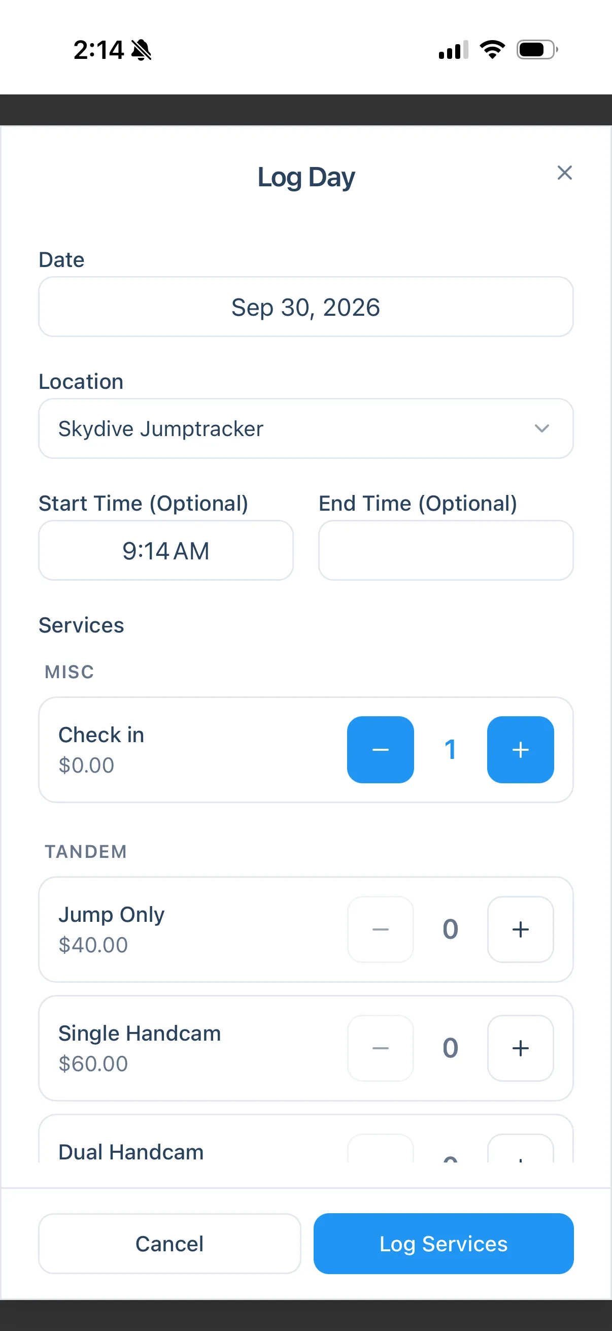 The Log Day screen with a start time of 9 AM and Check in set to 1